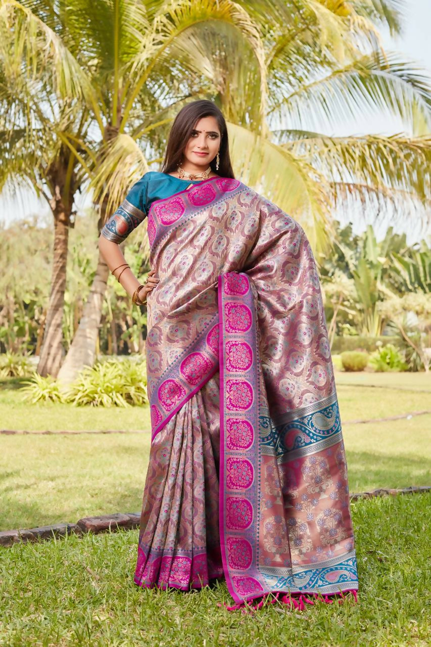 Vastranavya Boutique Collection Kanjivaram Soft Silk Saree With Unstitched Blouse -  Dark_Peach - Distacart