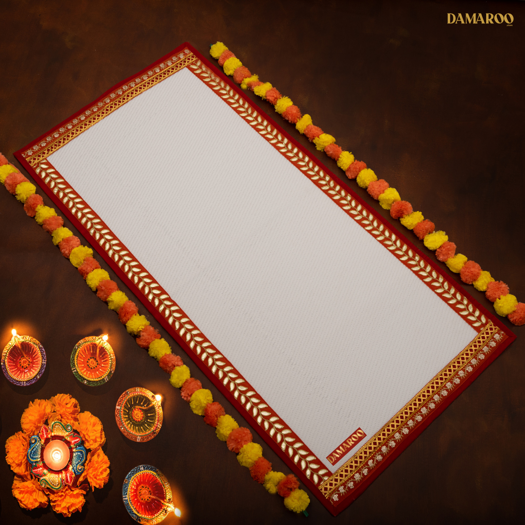 Damaroo 2x4 ft | Majestic Nylon Pooja Mat | Orange Sequins & Gotapatti Border - White - Distacart