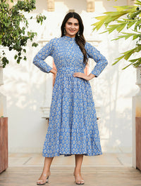 Thumbnail for Kaajh Women's Blue Floral Handblock Print Cotton Dress - Distacart