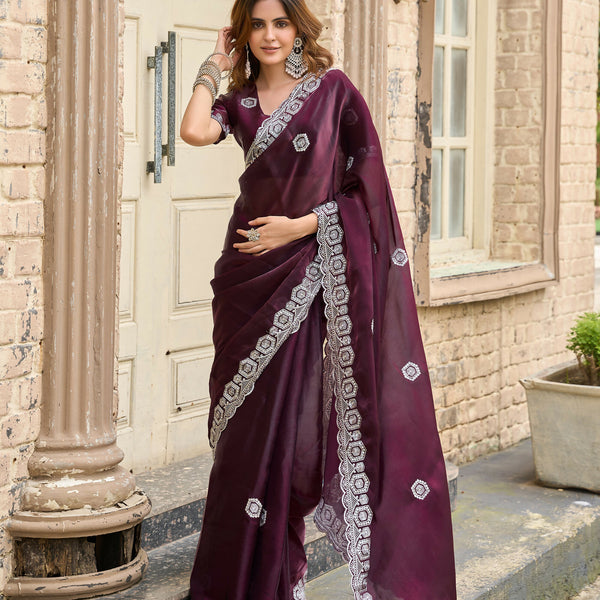 Vastranavya Wine Embroidery Work Shimmer Chiffon Saree with Unstitched Blouse