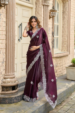 Vastranavya Wine Embroidery Work Shimmer Chiffon Saree with Unstitched Blouse
