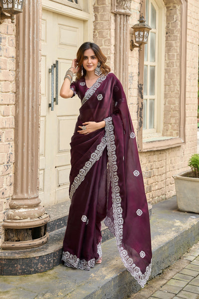 Vastranavya Wine Embroidery Work Shimmer Chiffon Saree with Unstitched Blouse