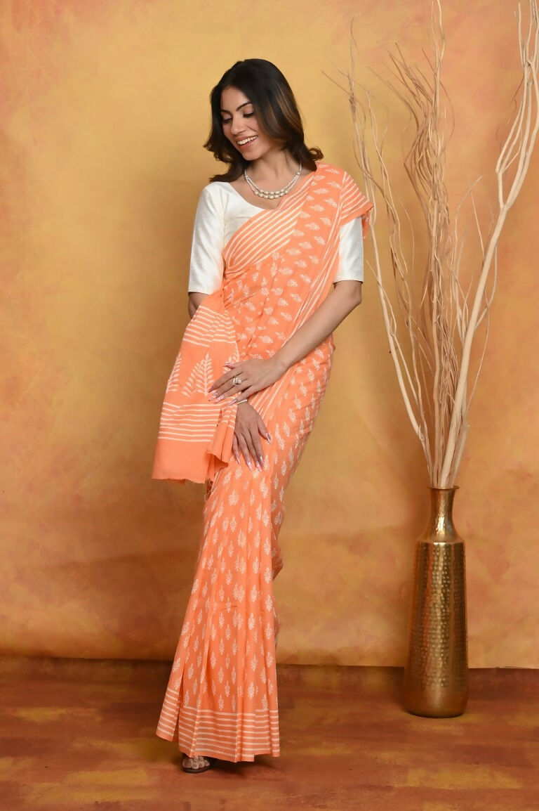 Very Much Indian Handblock Printed Cotton Saree With Natural Dyes - Light Peach - Distacart