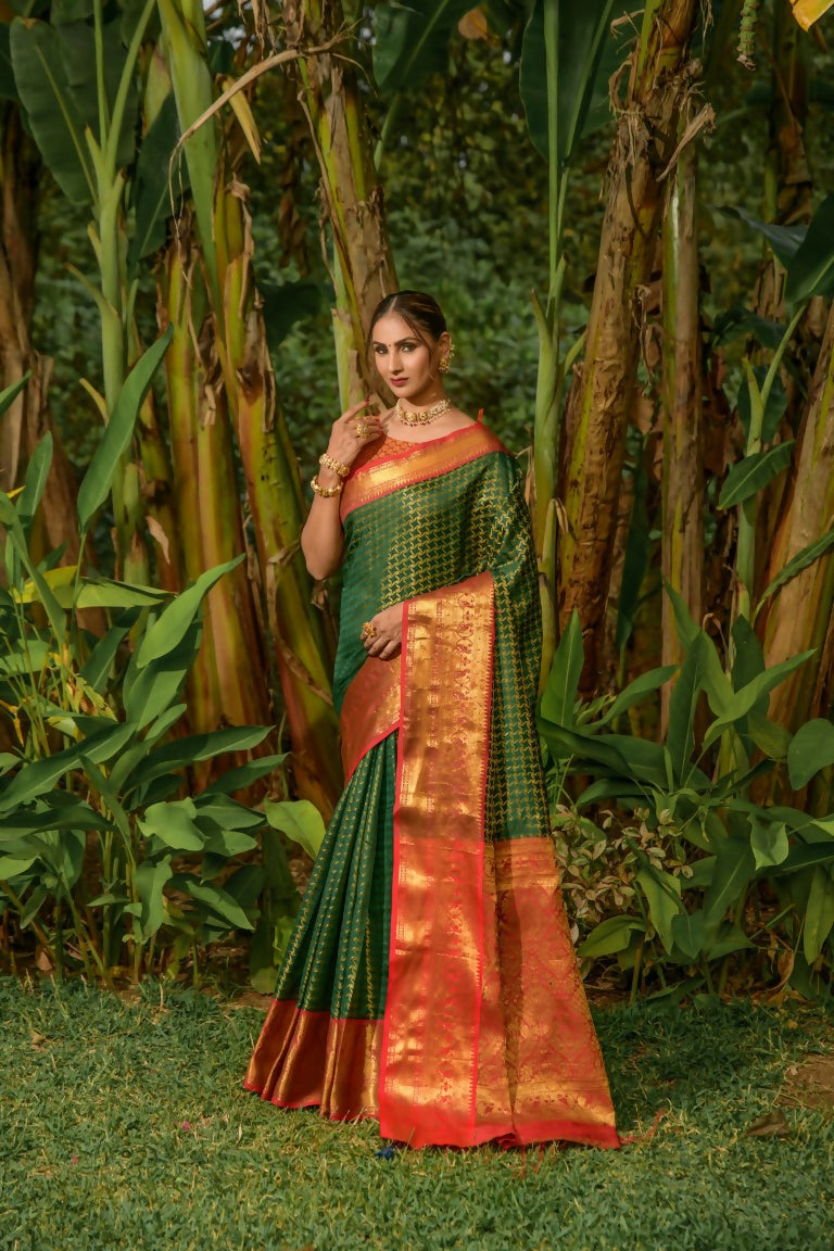 Jyoti Fashion Women's Bottle Green Kanjivaram Silk Zari Woven Saree with Blouse - Distacart