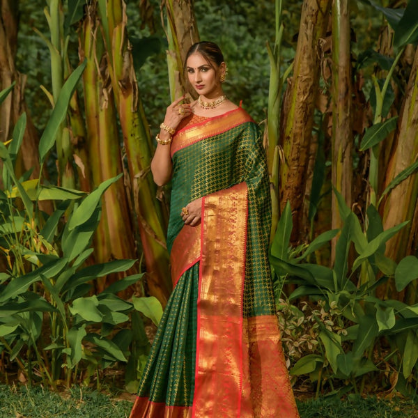 Jyoti Fashion Women's Bottle Green Kanjivaram Silk Zari Woven Saree with Blouse - Distacart