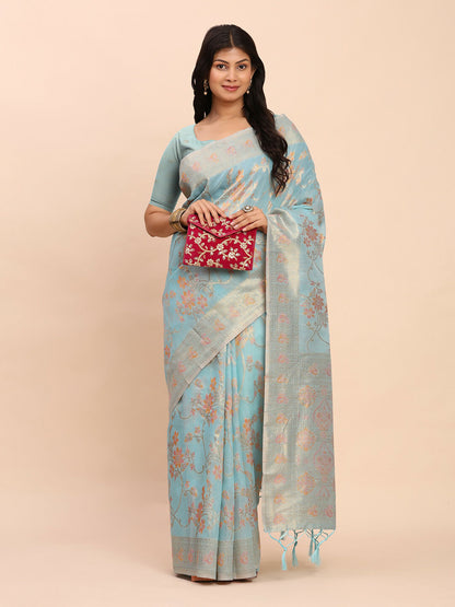 Shree Shyam Fashion Linen Cotton Sky Blue Saree - Distacart