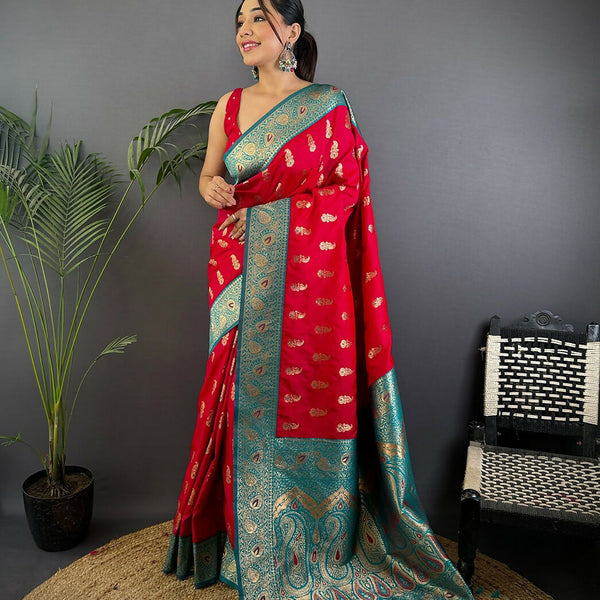 Joban Fashion Banarasi Red Woven Butti Soft Silk Saree - Distacart