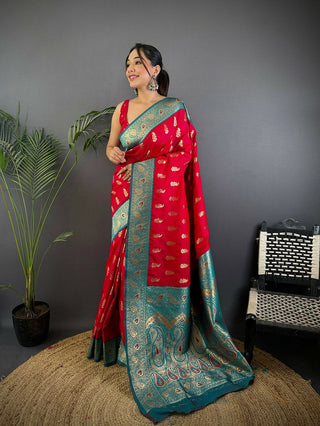 Joban Fashion Banarasi Red Woven Butti Soft Silk Saree