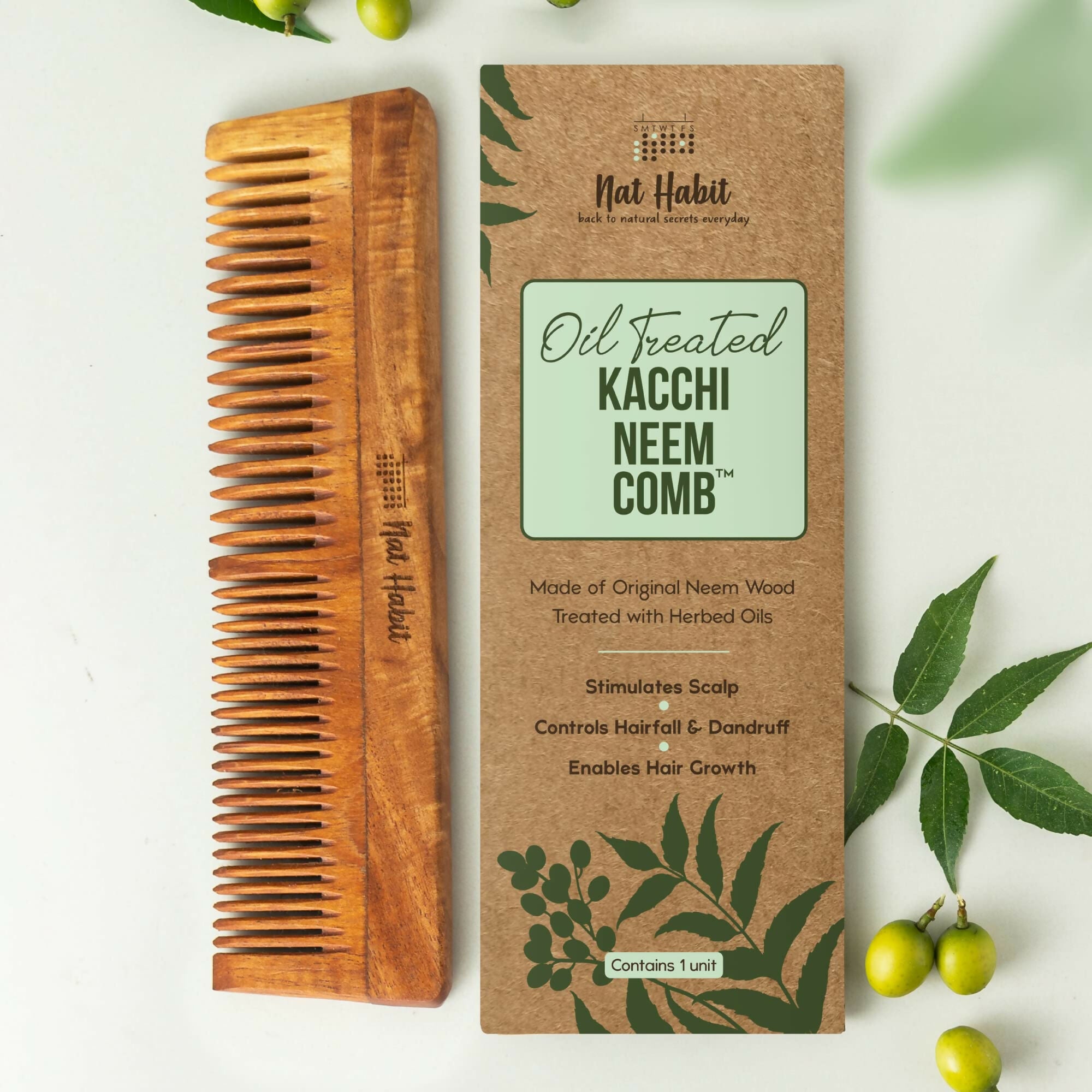 Nat Habit Kacchi Neem Wooden Comb - Soaked In 13 Herbs, Neem & Sesame Oil For Multi-Actions - Distacart