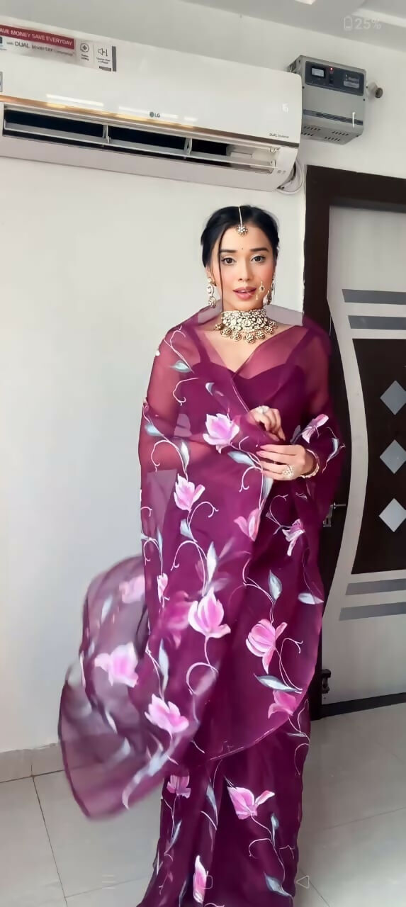 Malishka Organza Silk Embroidery Ready To Wear Saree With Blouse Piece - Wine - Distacart