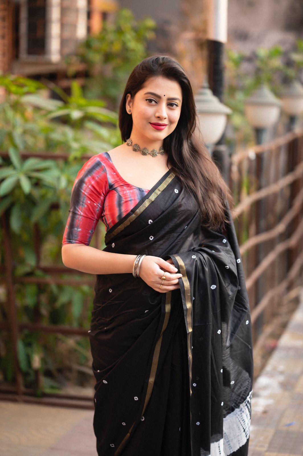 Black Chanderi Cotton Block Print Saree with Unstitched Blouse - Hiral Fashion - Distacart