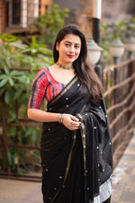 Thumbnail for Black Chanderi Cotton Block Print Saree with Unstitched Blouse - Hiral Fashion - Distacart