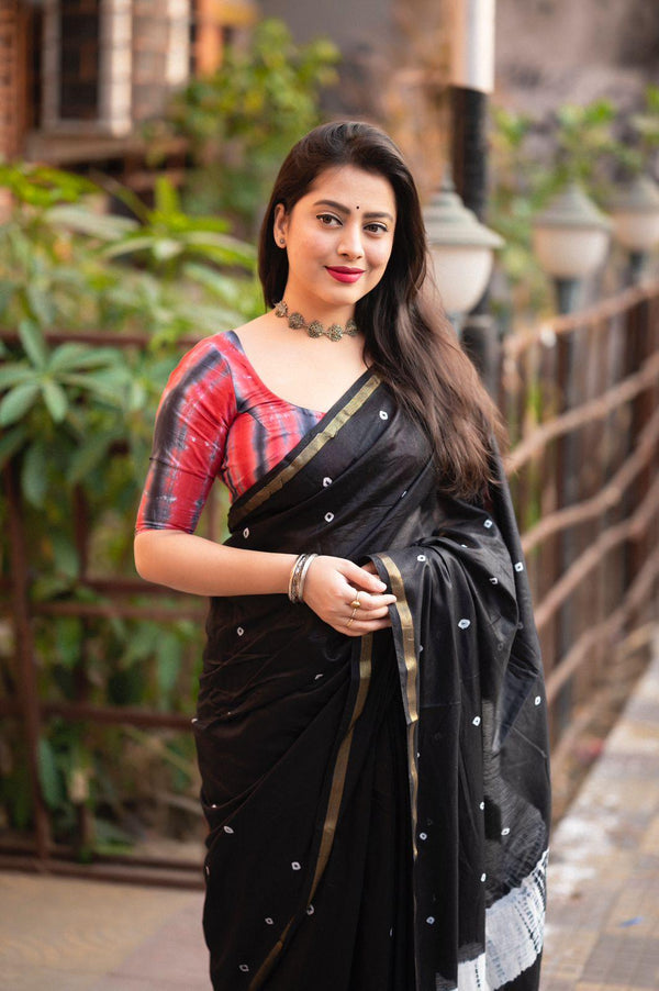 Black Chanderi Cotton Block Print Saree with Unstitched Blouse - Hiral Fashion - Distacart