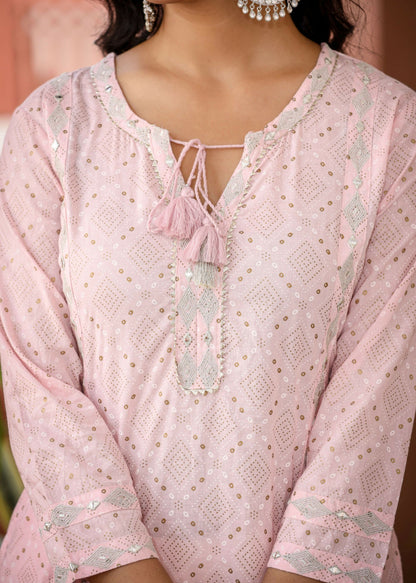 Kaajh Women's Pastel Pink Printed Kurta Pant Set - Distacart