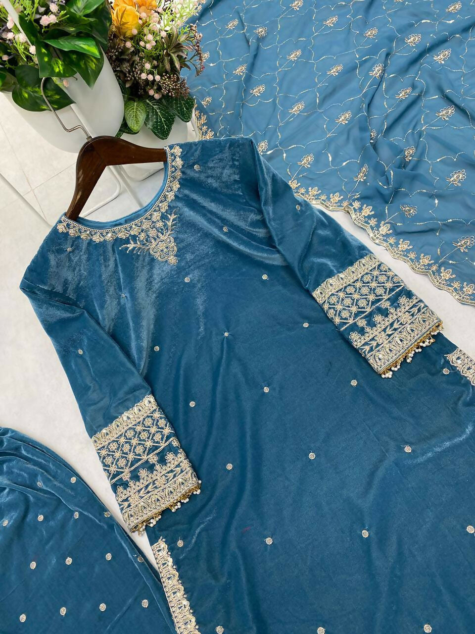 Vastranavya Sea Blue Velvet Sequence Embroidery Work Kurta & Bottom With Dupatta - Distacart