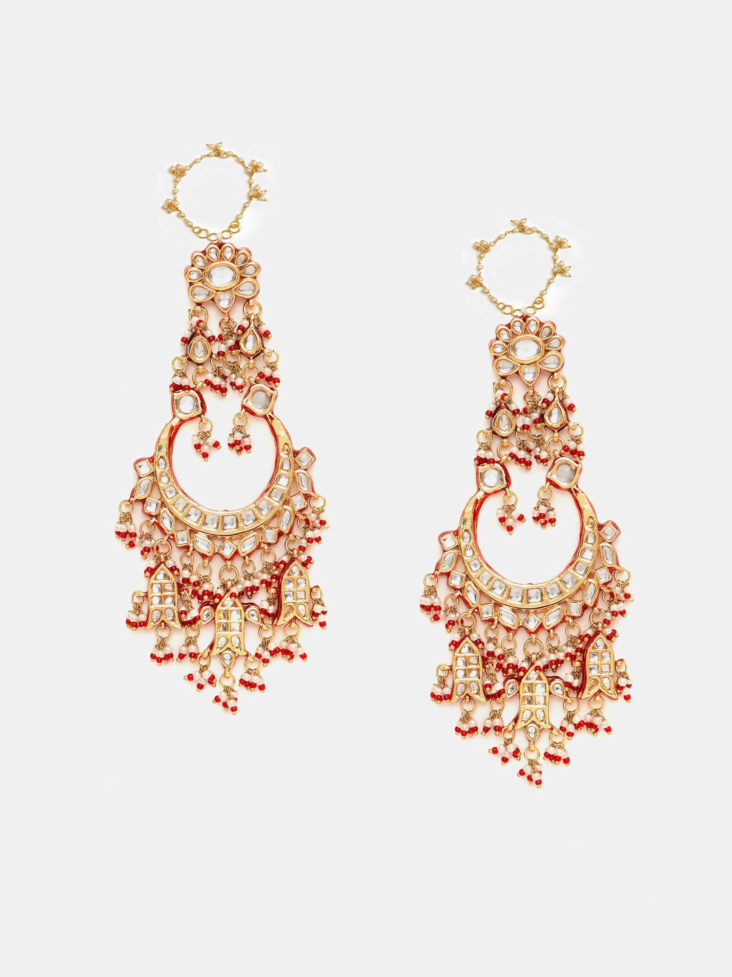 Ruby Raang 22k Gold Polished Kundan Chand Earrings With Ear Chains