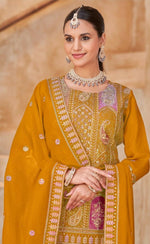 Thumbnail for Anaita Mustard Vichitra Silk Readymade Suit with Embroidery & Lace Work - Distacart