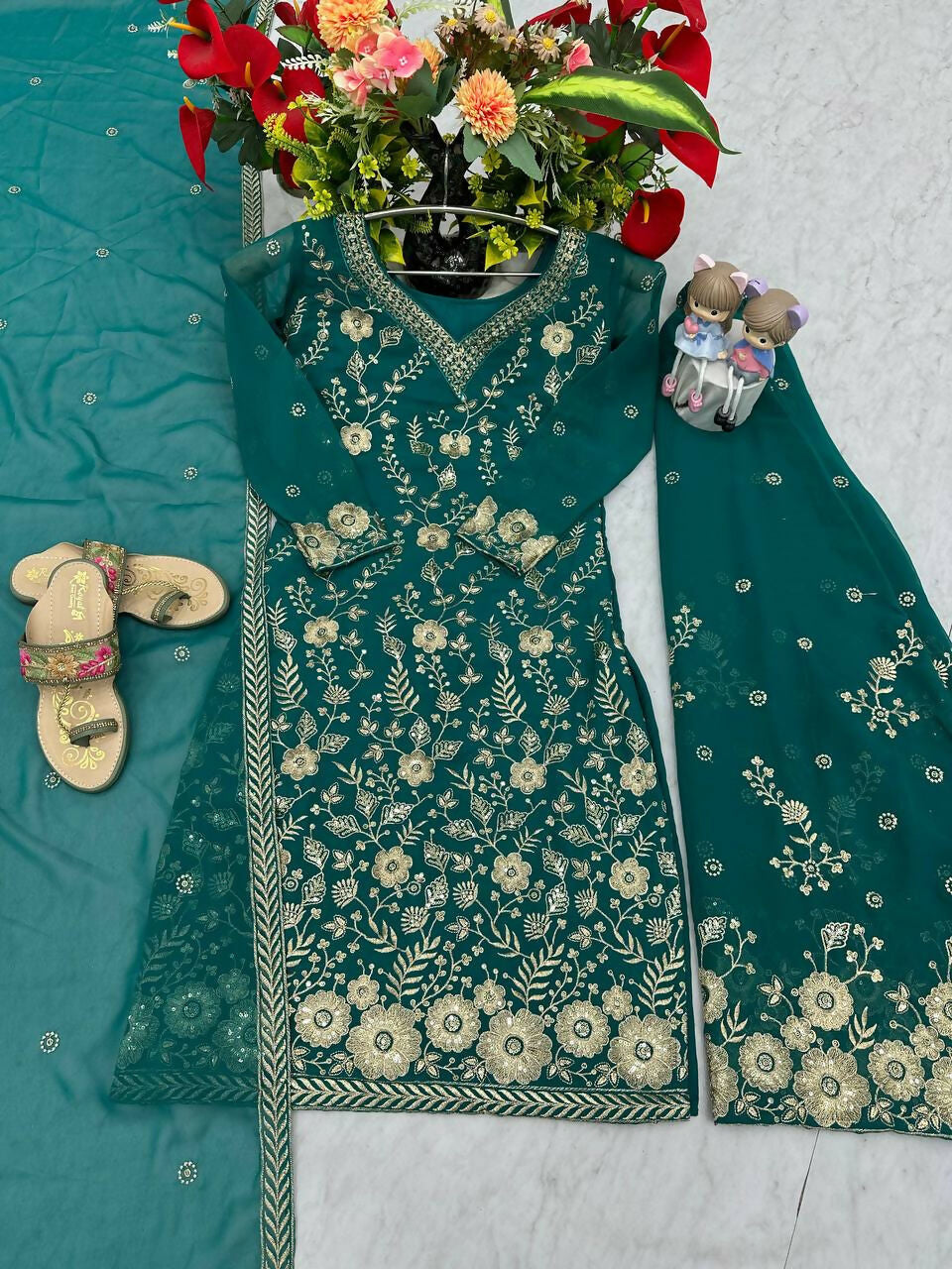 Teeya Creation Womens New Heavy Fox Georgette Fabric With Heavy Embroidery Work Green Kurta Set - Dista