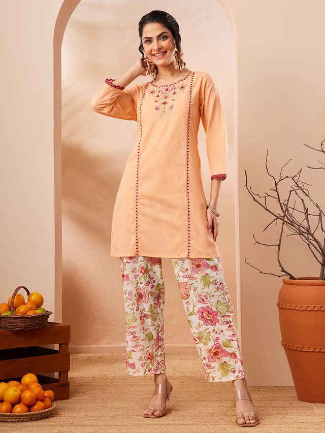 Janasya Peach Straight Cotton Co-Ords - Dista