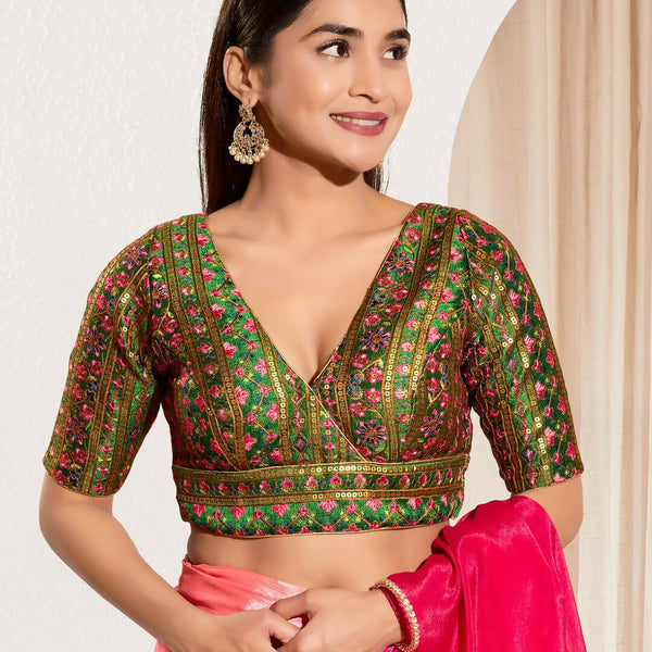 Joban Fashion Bottle Green Mulberry Silk Padded Blouse With V Neck Elbow Sleeves - Distacart
