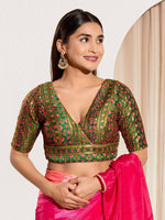 Thumbnail for Joban Fashion Bottle Green Mulberry Silk Padded Blouse With V Neck Elbow Sleeves - Distacart