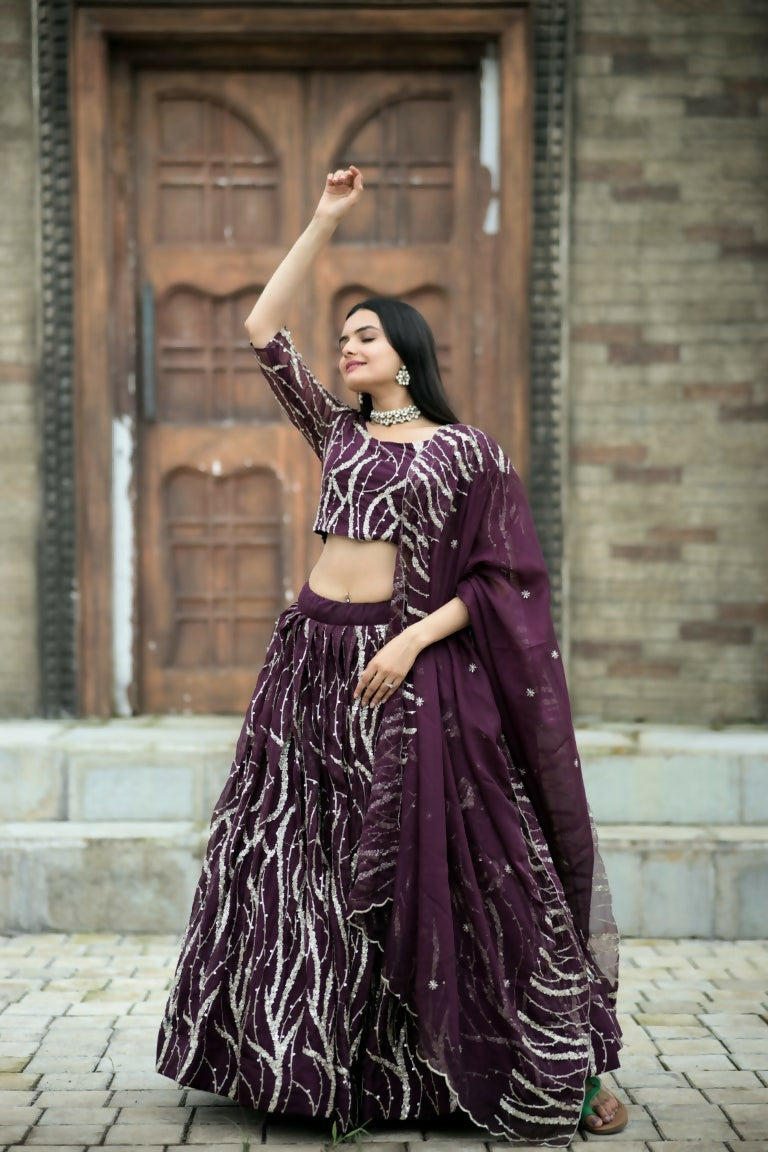 Vastranavya Enchanting Designer Tebby-Silk Lehenga Choli With Dupatta Set - Wine - Distacart