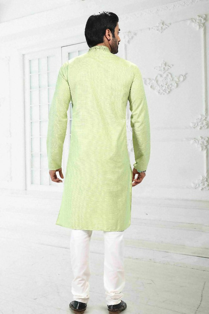 Raivat Ethnic Linen Cotton Thread Work Kurta Pajama In Pista Green Colour - Dista