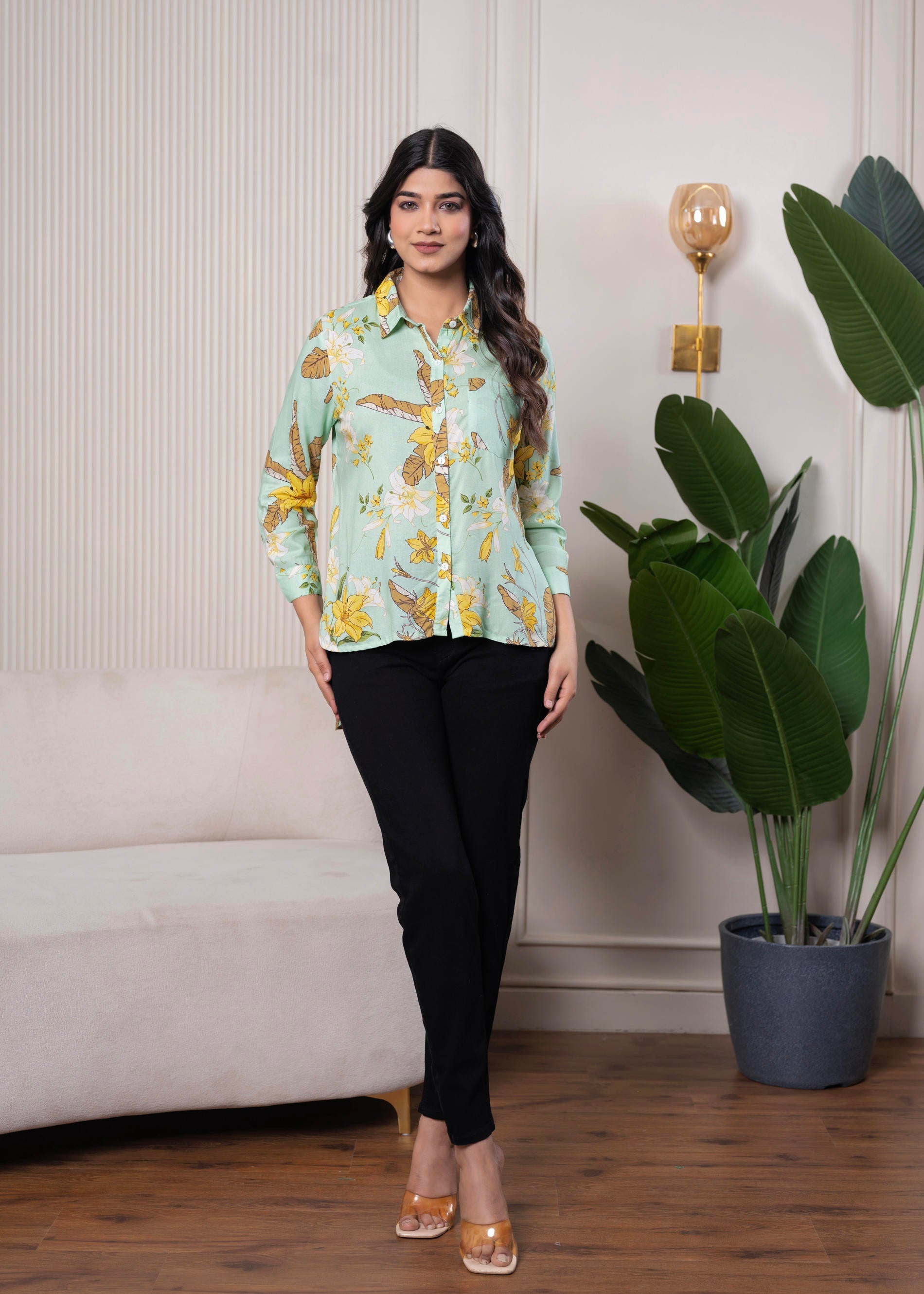 Juniper Lamora Mint Green Floral Print Long Sleeve Button-Down Shirt - Distacart