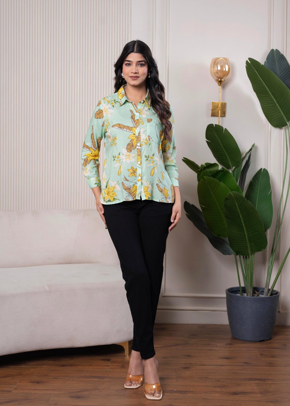 Juniper Lamora Mint Green Floral Print Long Sleeve Button-Down Shirt - Distacart