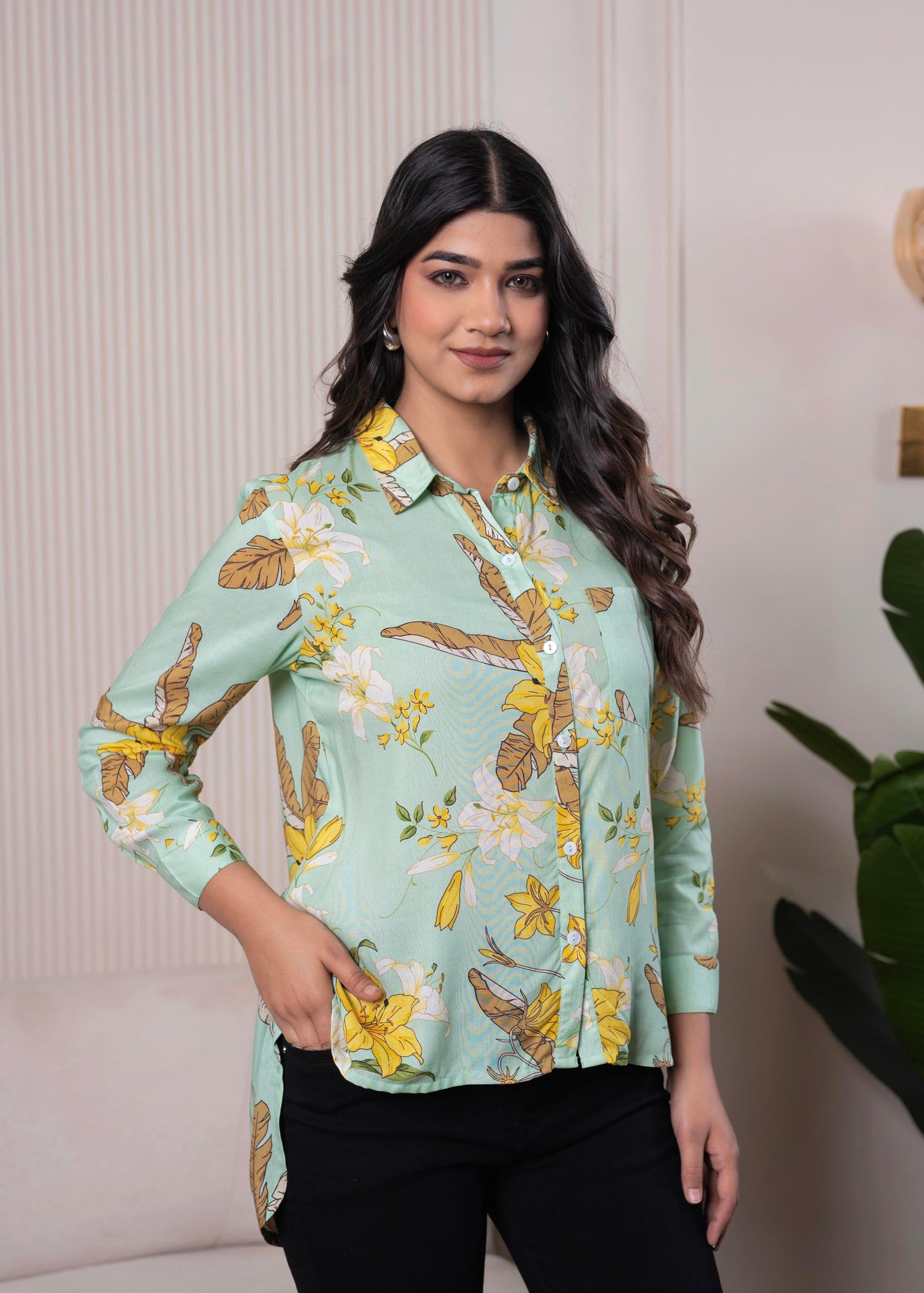Juniper Lamora Mint Green Floral Print Long Sleeve Button-Down Shirt - Distacart