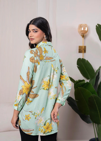 Juniper Lamora Mint Green Floral Print Long Sleeve Button-Down Shirt - Distacart