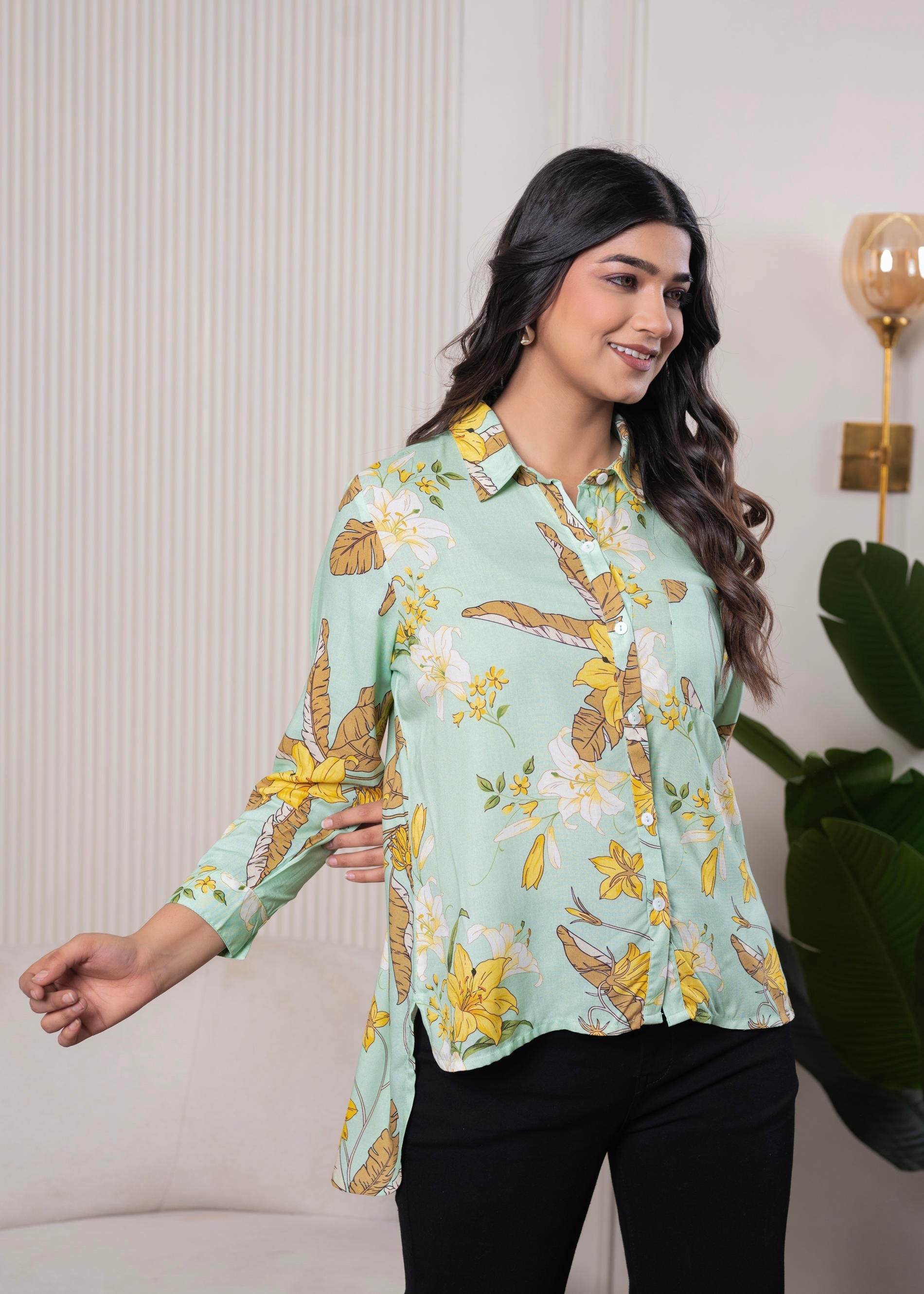 Juniper Lamora Mint Green Floral Print Long Sleeve Button-Down Shirt - Distacart