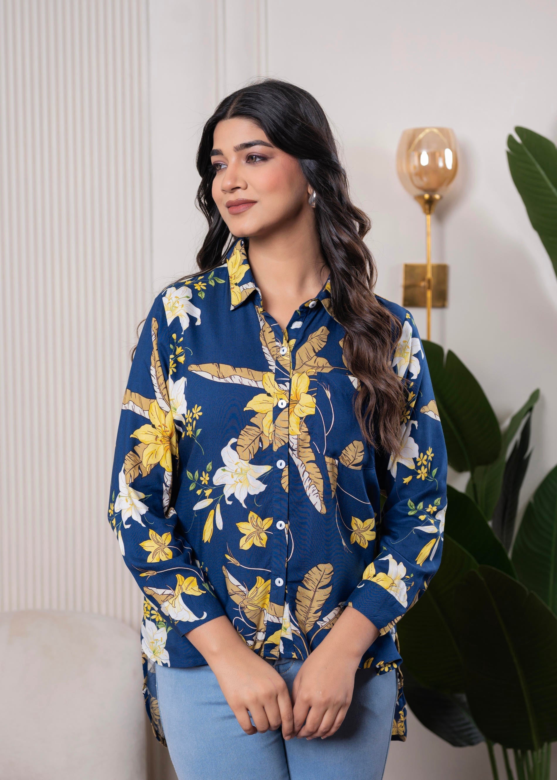 Juniper Lamora Navy Blue Floral Print Long Sleeve Button-Down Shirt - Distacart