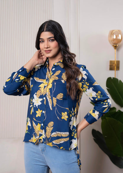Juniper Lamora Navy Blue Floral Print Long Sleeve Button-Down Shirt - Distacart