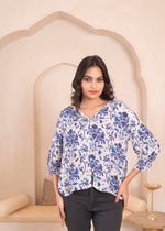 Thumbnail for Juniper Lamora White & Blue Baroque Floral Printed Top - Distacart
