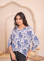 Thumbnail for Juniper Lamora White & Blue Baroque Floral Printed Top - Distacart