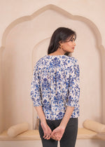 Thumbnail for Juniper Lamora White & Blue Baroque Floral Printed Top - Distacart