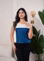 Thumbnail for Juniper Lamora Off-White & Blue Colorblock Casual Top - Distacart