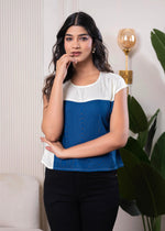 Thumbnail for Juniper Lamora Off-White & Blue Colorblock Casual Top - Distacart