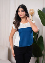 Thumbnail for Juniper Lamora Off-White & Blue Colorblock Casual Top - Distacart