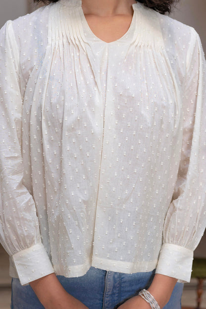 Juniper White Textured Dobby Weave Casual Top With Balloon Sleeves - Distacart