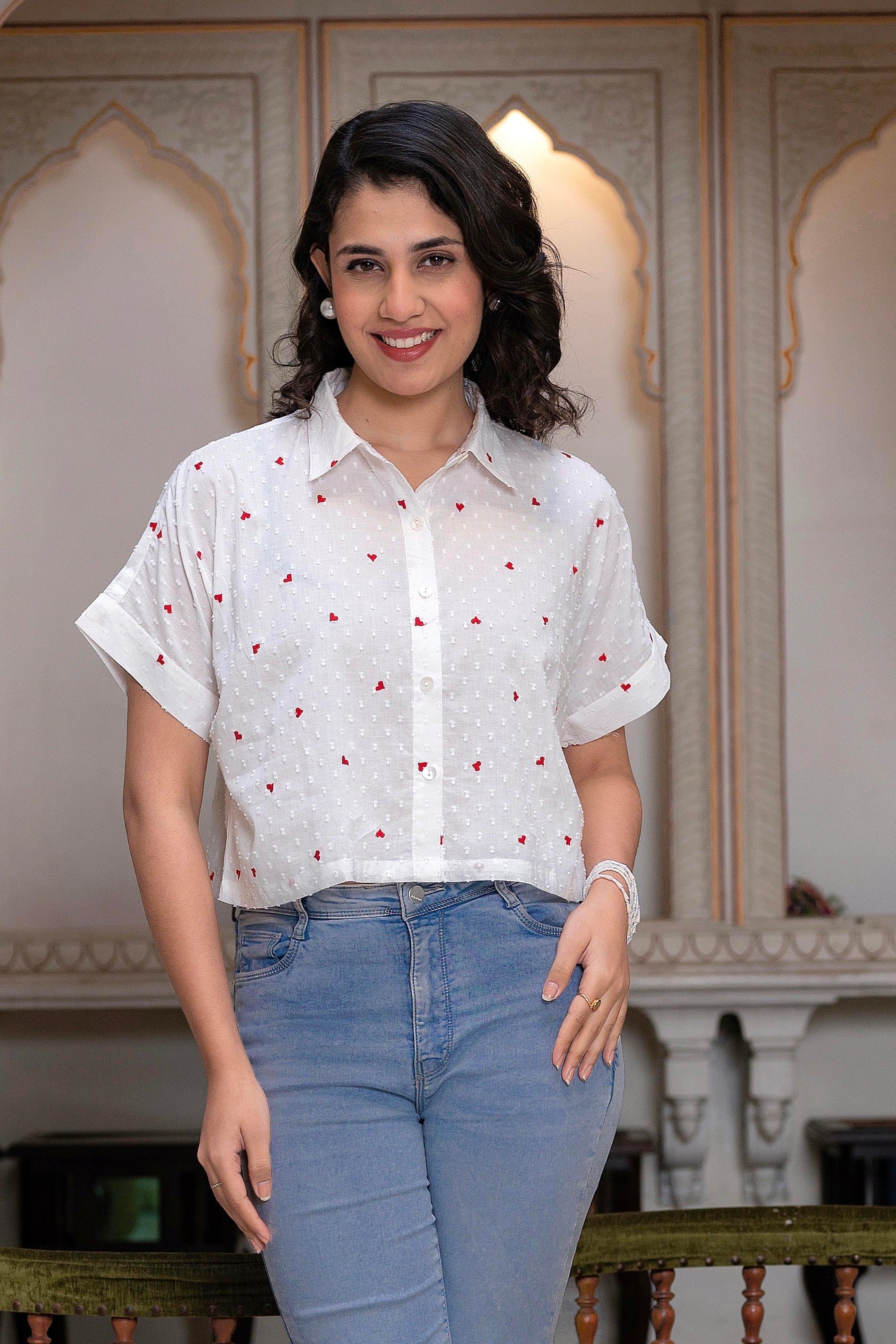 Juniper White Heart-Patterned Short Sleeve Casual Shirt For Women - Distacart