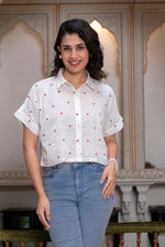Thumbnail for Juniper White Heart-Patterned Short Sleeve Casual Shirt For Women - Distacart