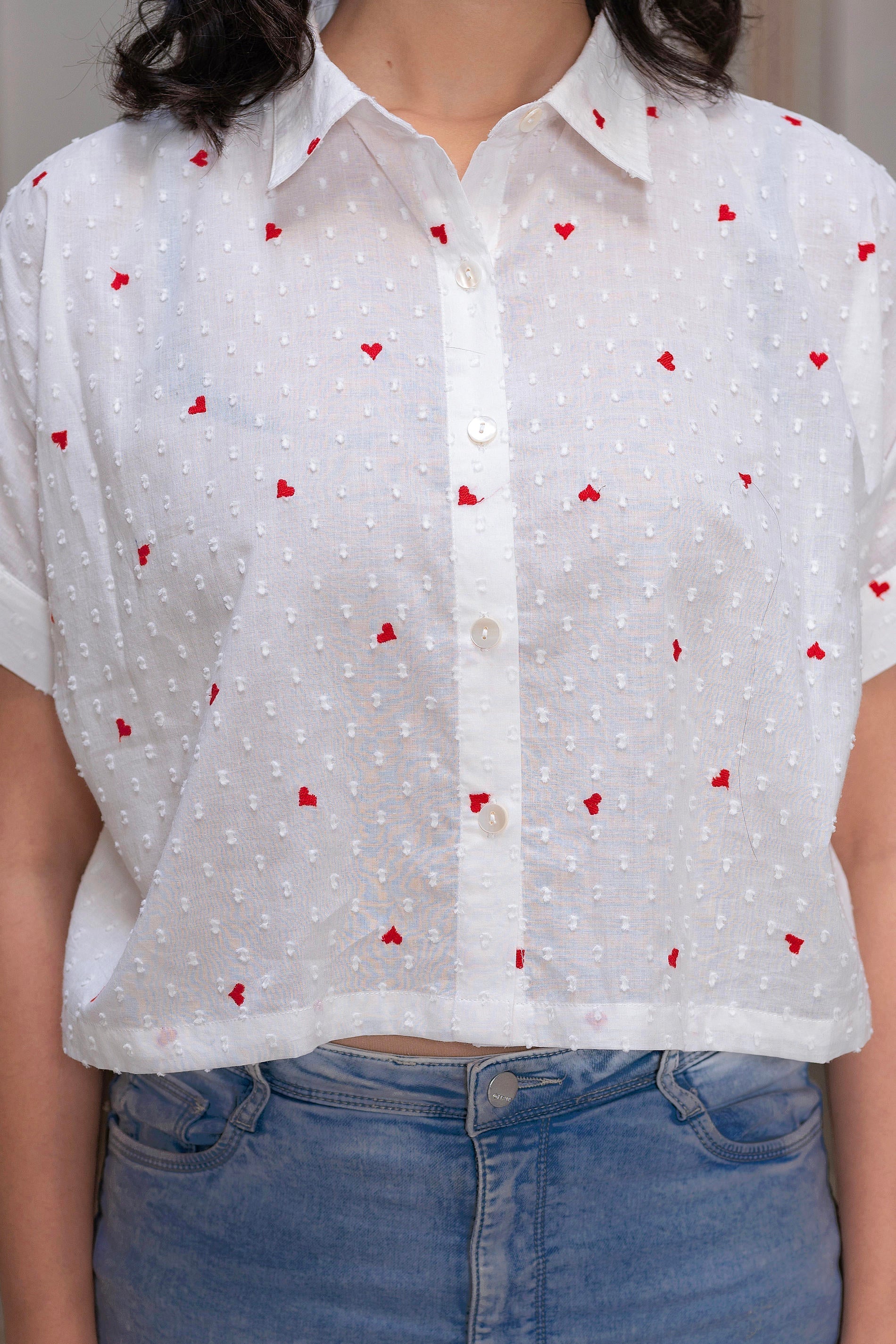 Juniper White Heart-Patterned Short Sleeve Casual Shirt For Women - Distacart