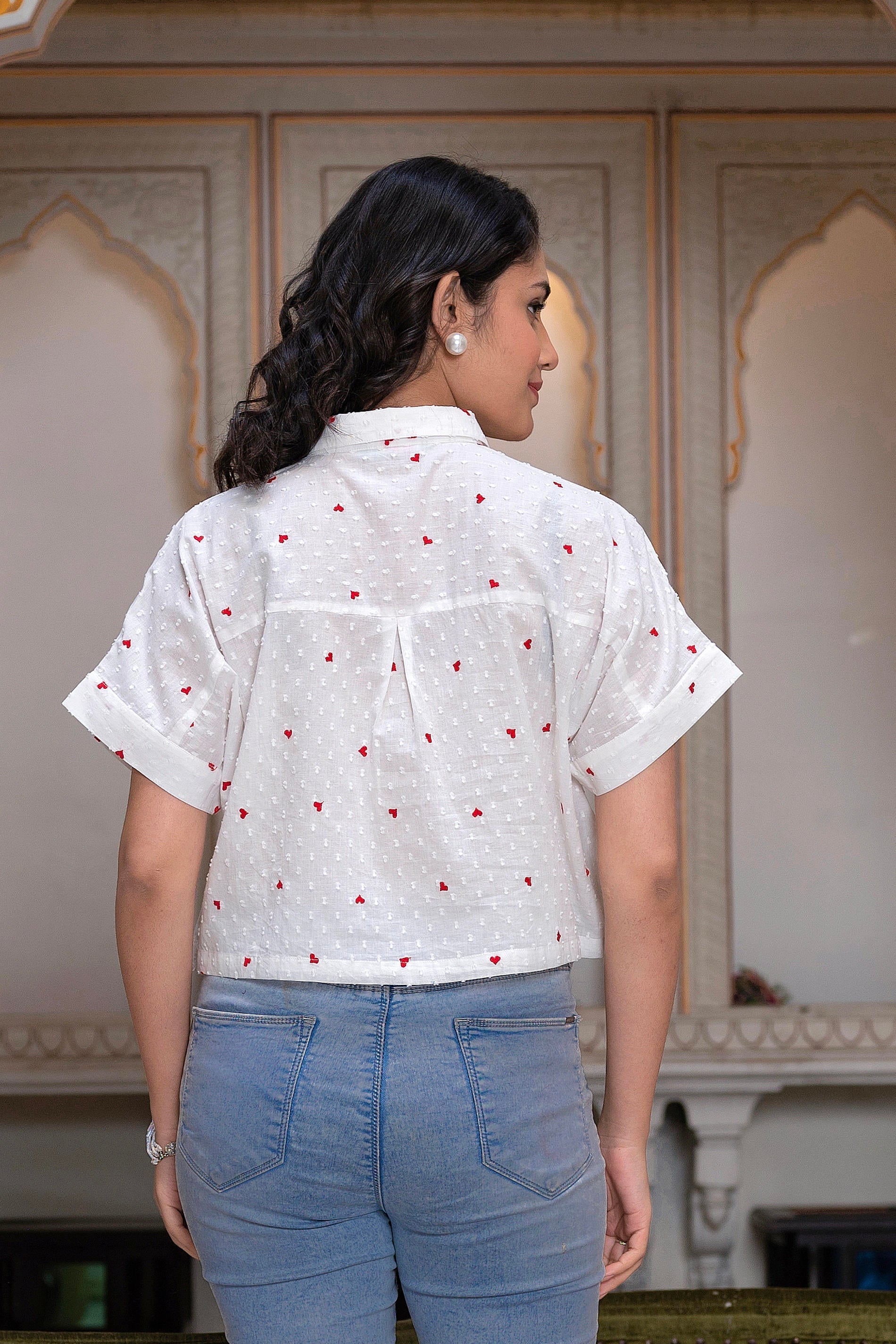 Juniper White Heart-Patterned Short Sleeve Casual Shirt For Women - Distacart