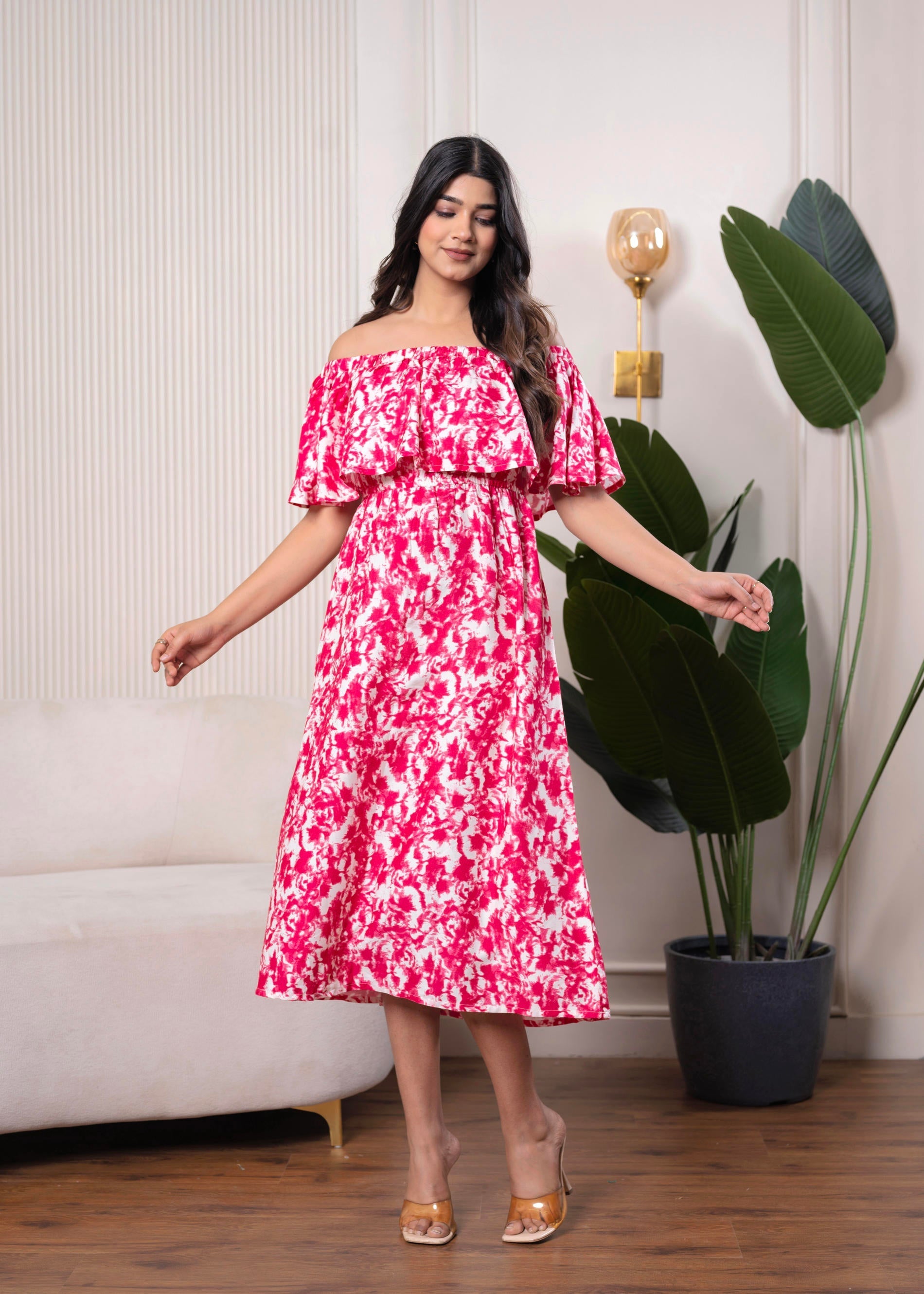 Juniper Lamora Pink & White Off-Shoulder Ruffle Midi Dress - Distacart