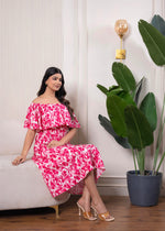 Thumbnail for Juniper Lamora Pink & White Off-Shoulder Ruffle Midi Dress - Distacart