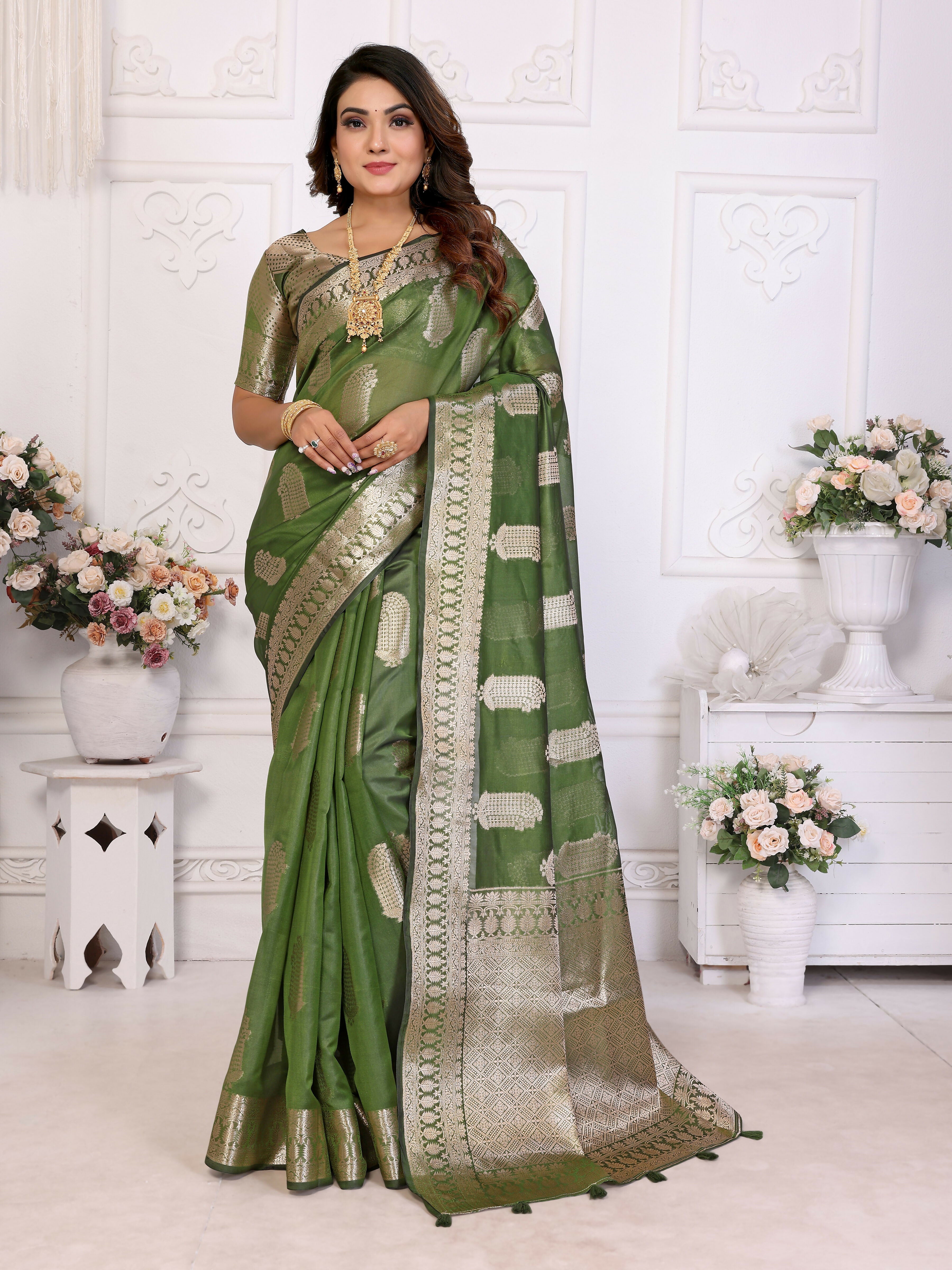 Aastha Fashion Mehndi Soft Organza Silk Weaving Saree - Distacart