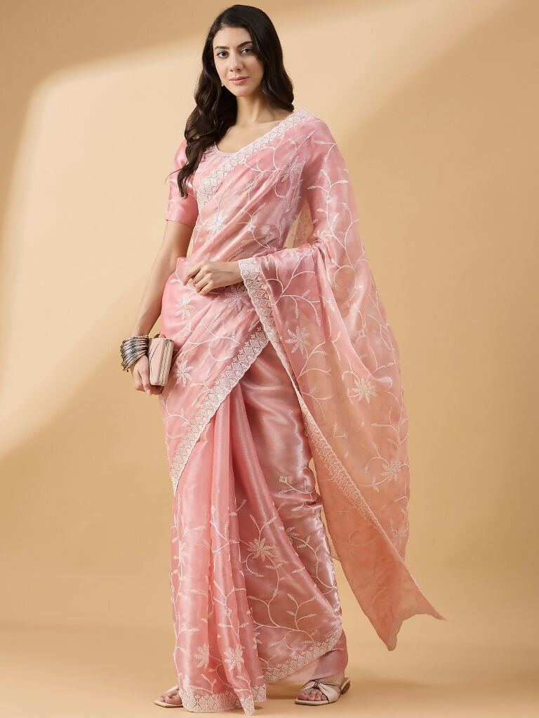 Peach Tissue Slub Embroidered Saree with Unstitched Blouse - Vairagi - Distacart