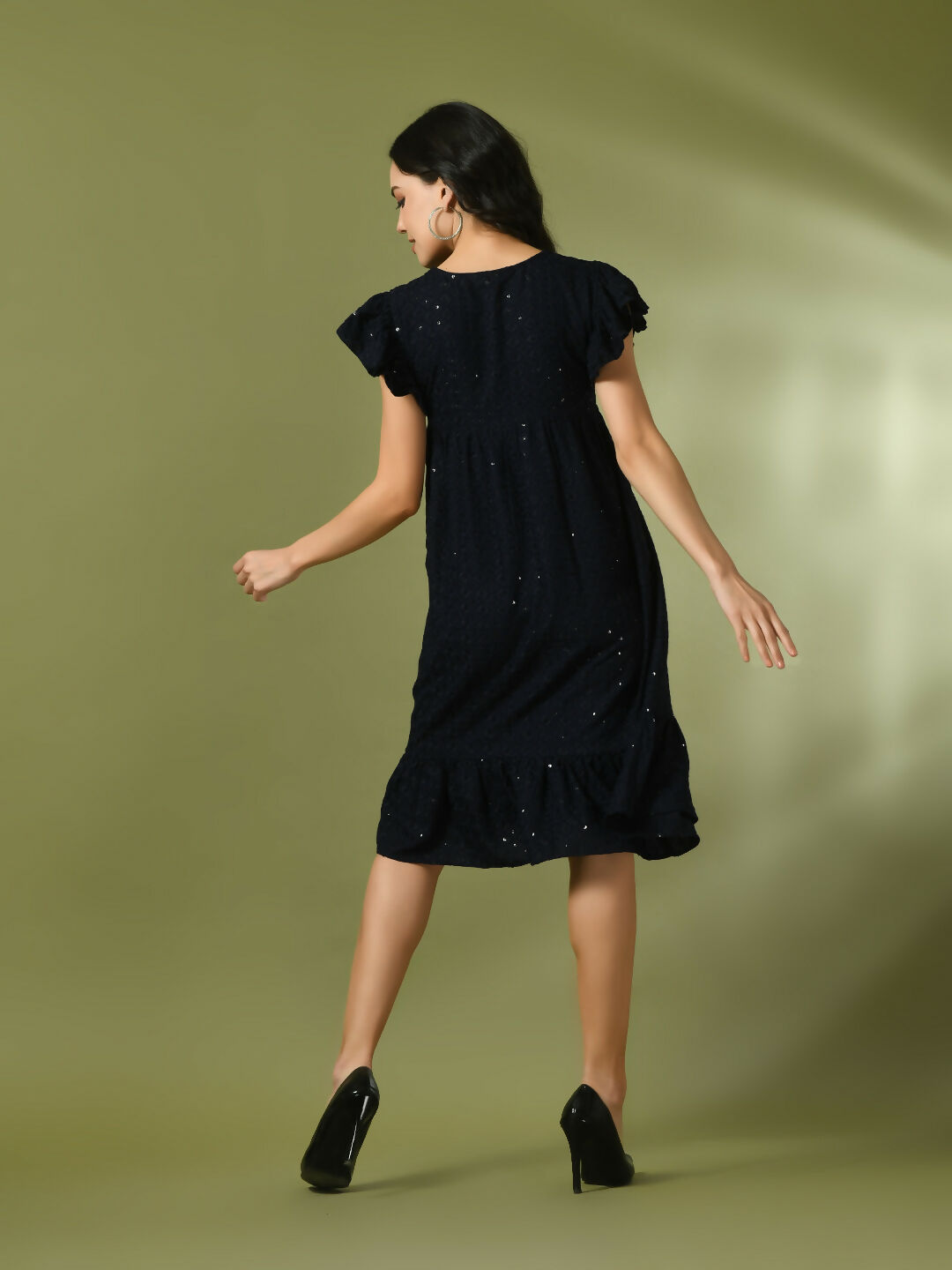 Myshka Women's Navy Blue Embroidered Cotton Round Neck A-Line Party Dress - Distacart